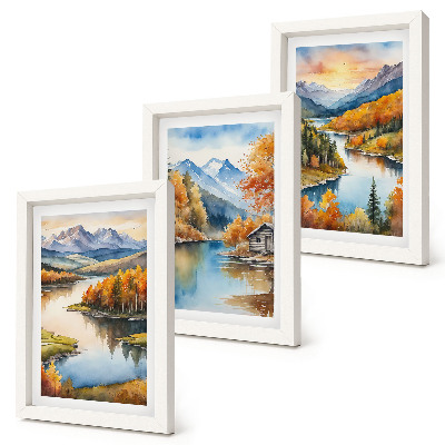 Posterpaket Höstbergslandskap med en flod och en stuga vid vattnet