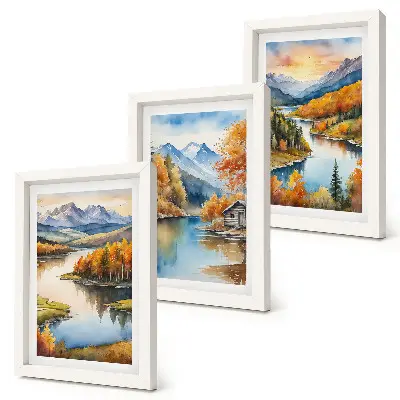 Posterpaket höstbergslandskap med flod och stuga vid vattnet