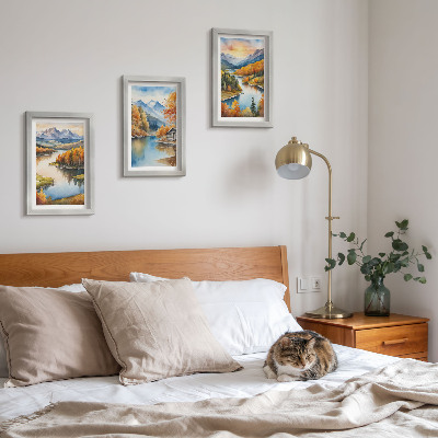 Posterpaket Höstbergslandskap med en flod och en stuga vid vattnet