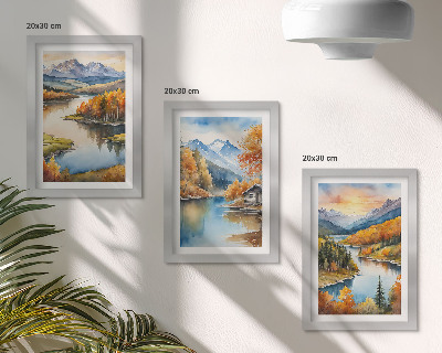 Posterpaket Höstbergslandskap med en flod och en stuga vid vattnet