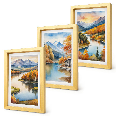Posterpaket Höstbergslandskap med en flod och en stuga vid vattnet