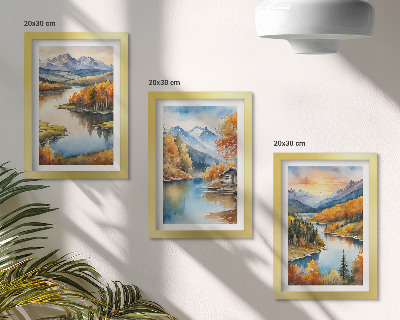 Posterpaket Höstbergslandskap med en flod och en stuga vid vattnet