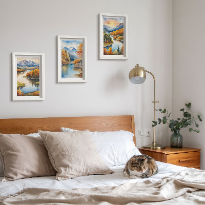 Posterpaket Höstbergslandskap med en flod och en stuga vid vattnet