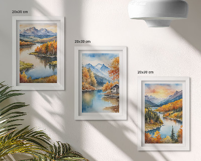 Posterpaket Höstbergslandskap med en flod och en stuga vid vattnet