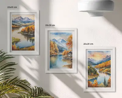 Posterpaket höstbergslandskap med flod och stuga vid vattnet