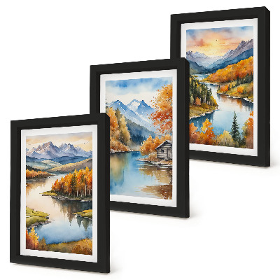 Posterpaket Höstbergslandskap med en flod och en stuga vid vattnet