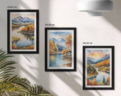 Posterpaket Höstbergslandskap med en flod och en stuga vid vattnet