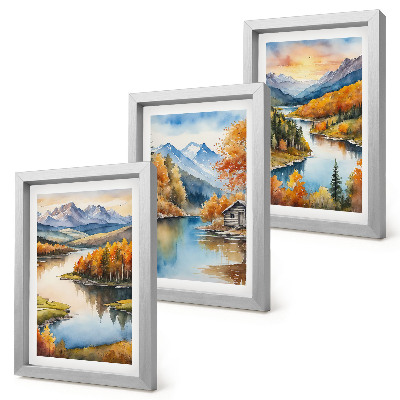Posterpaket Höstbergslandskap med en flod och en stuga vid vattnet