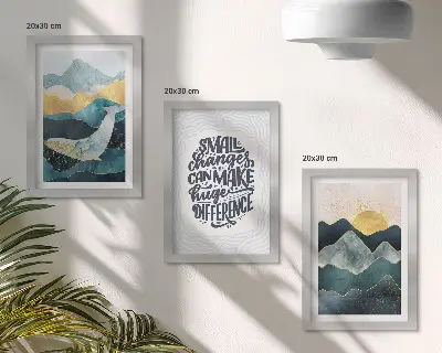 Tavelvägg med 3 tavlor abstrakta bergslandskap med inspirerande text