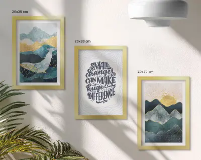 Tavelvägg med 3 tavlor abstrakta bergslandskap med inspirerande text