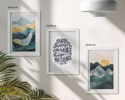 Tavelvägg med 3 tavlor abstrakta bergslandskap med inspirerande text