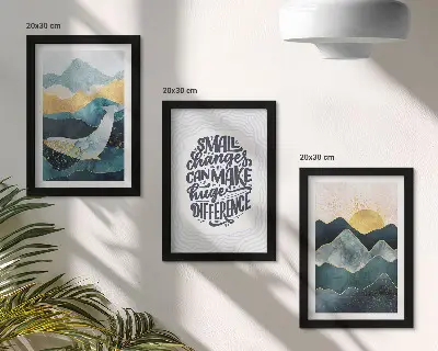 Tavelvägg med 3 tavlor abstrakta bergslandskap med inspirerande text