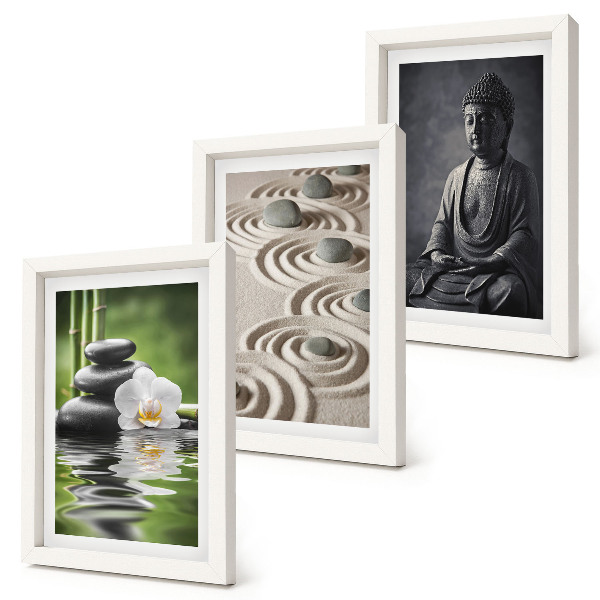 Triptyk tavla med ram Avkopplande utsikt över Buddha, stenar på stranden och bambu