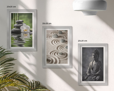 Triptyk tavla med ram Avkopplande utsikt över Buddha, stenar på stranden och bambu