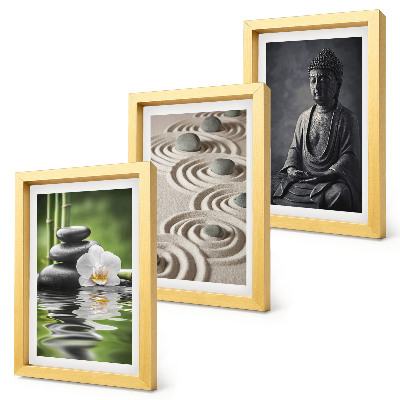 Triptyk tavla med ram Avkopplande utsikt över Buddha, stenar på stranden och bambu