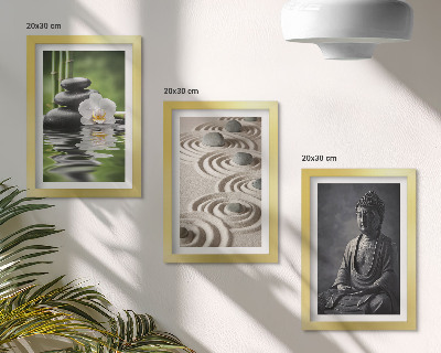 Triptyk tavla med ram Avkopplande utsikt över Buddha, stenar på stranden och bambu