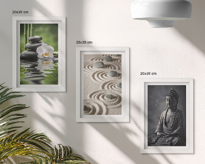 Triptyk tavla med ram Avkopplande utsikt över Buddha, stenar på stranden och bambu