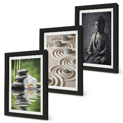 Triptyk tavla med ram Avkopplande utsikt över Buddha, stenar på stranden och bambu