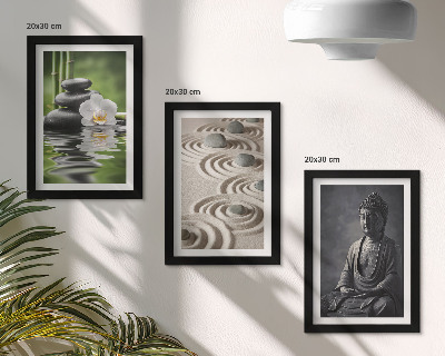 Triptyk tavla med ram Avkopplande utsikt över Buddha, stenar på stranden och bambu