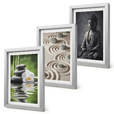 Triptyk tavla med ram Avkopplande utsikt över Buddha, stenar på stranden och bambu