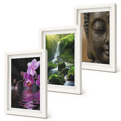 Triptyk tavla med ram blommor i vattenfallet med gröna stenar och buddha