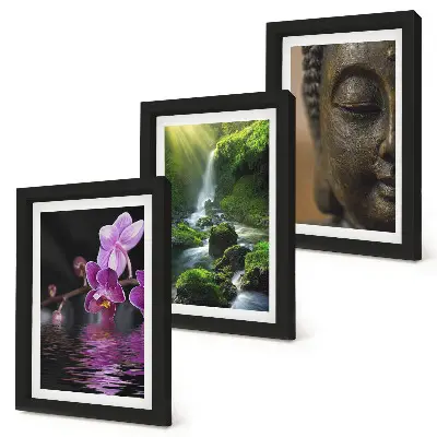 Triptyk tavla med ram blommor i vattenfallet med gröna stenar och buddha
