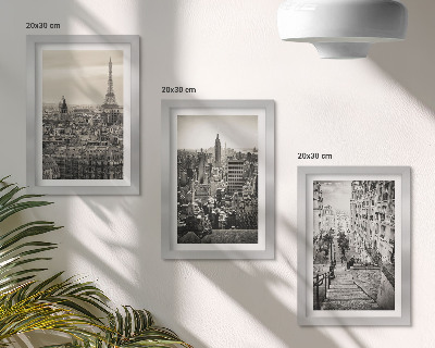 Tavelvägg med 3 tavlor Stadsutsikt Paris New York och charmiga trappor