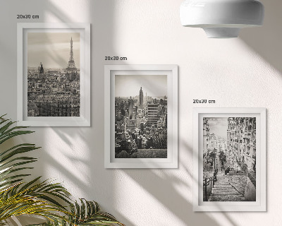 Tavelvägg med 3 tavlor Stadsutsikt Paris New York och charmiga trappor