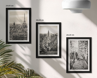 Tavelvägg med 3 tavlor Stadsutsikt Paris New York och charmiga trappor