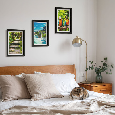 Posterpaket Tropisk skog med ett vattenfall och färgglada papegojor