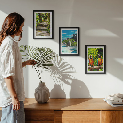 Posterpaket Tropisk skog med ett vattenfall och färgglada papegojor