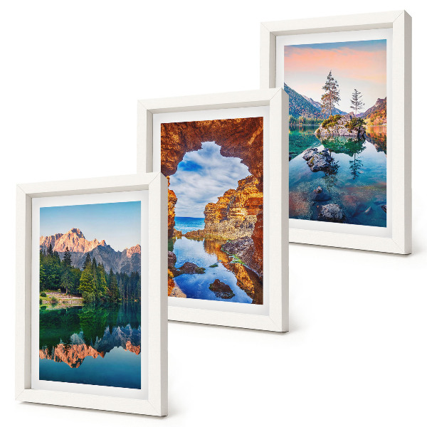 Triptyk tavla med ram Bergsjöar med reflektioner i vattnet och klipporna