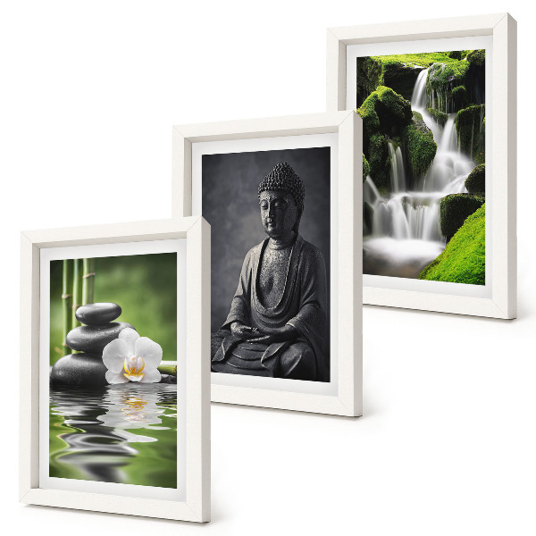 Triptyk tavla med ram Avkopplande ZEN-målningar med vatten, stenar och Buddha