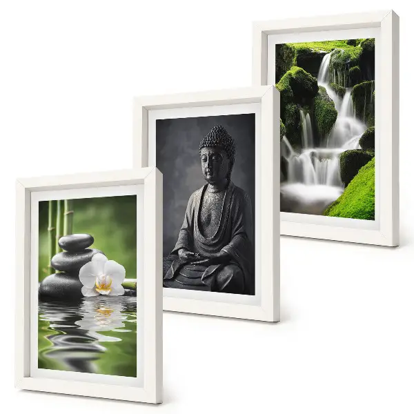 Triptyk tavla med ram avkopplande ZEN-motiv med vatten stenar och Buddha
