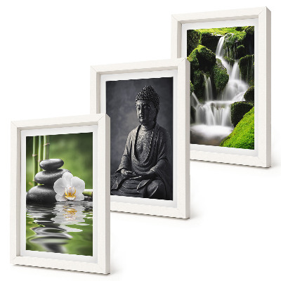 Triptyk tavla med ram Avkopplande ZEN-målningar med vatten, stenar och Buddha