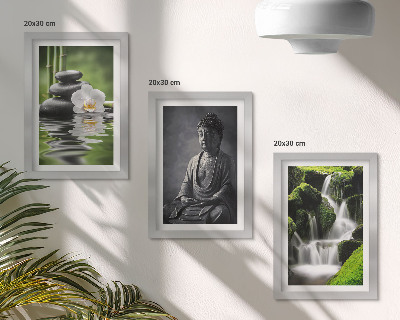 Triptyk tavla med ram Avkopplande ZEN-målningar med vatten, stenar och Buddha