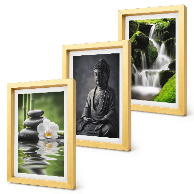 Triptyk tavla med ram Avkopplande ZEN-målningar med vatten, stenar och Buddha