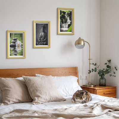 Triptyk tavla med ram Avkopplande ZEN-målningar med vatten, stenar och Buddha