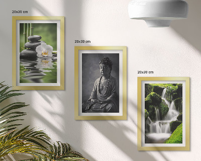 Triptyk tavla med ram Avkopplande ZEN-målningar med vatten, stenar och Buddha
