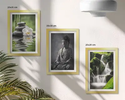 Triptyk tavla med ram avkopplande ZEN-motiv med vatten stenar och Buddha