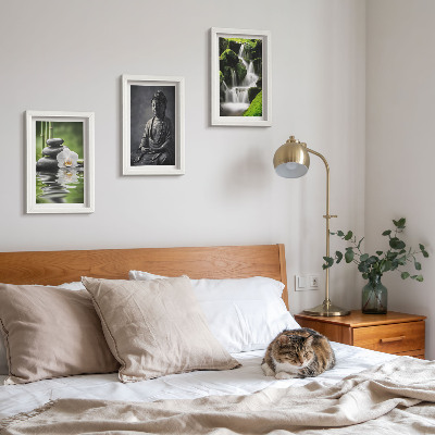 Triptyk tavla med ram Avkopplande ZEN-målningar med vatten, stenar och Buddha