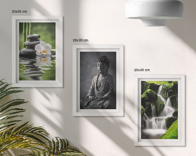 Triptyk tavla med ram Avkopplande ZEN-målningar med vatten, stenar och Buddha