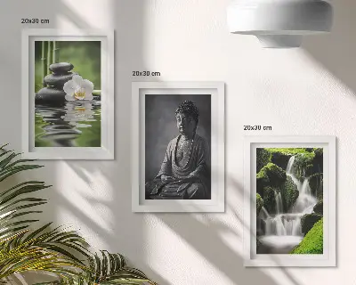 Triptyk tavla med ram avkopplande ZEN-motiv med vatten stenar och Buddha