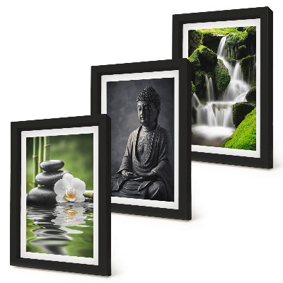 Triptyk tavla med ram Avkopplande ZEN-målningar med vatten, stenar och Buddha