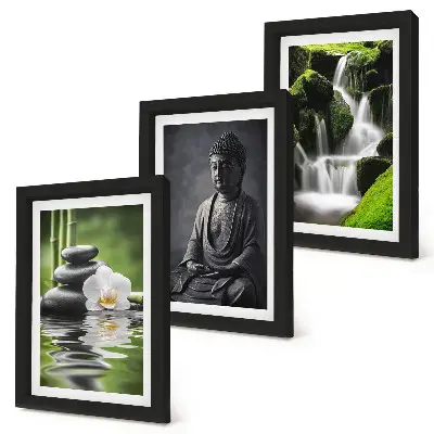 Triptyk tavla med ram avkopplande ZEN-motiv med vatten stenar och Buddha