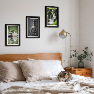 Triptyk tavla med ram Avkopplande ZEN-målningar med vatten, stenar och Buddha