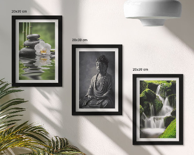 Triptyk tavla med ram Avkopplande ZEN-målningar med vatten, stenar och Buddha