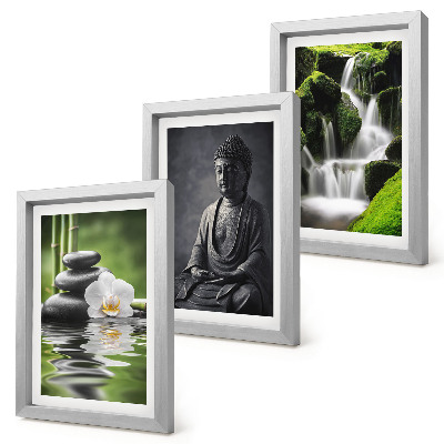 Triptyk tavla med ram Avkopplande ZEN-målningar med vatten, stenar och Buddha