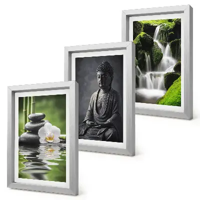 Triptyk tavla med ram avkopplande ZEN-motiv med vatten stenar och Buddha