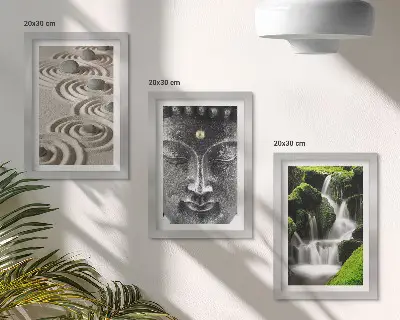 Tavelvägg med 3 tavlor med motiv av natur, stenar, vattenfall och Buddha